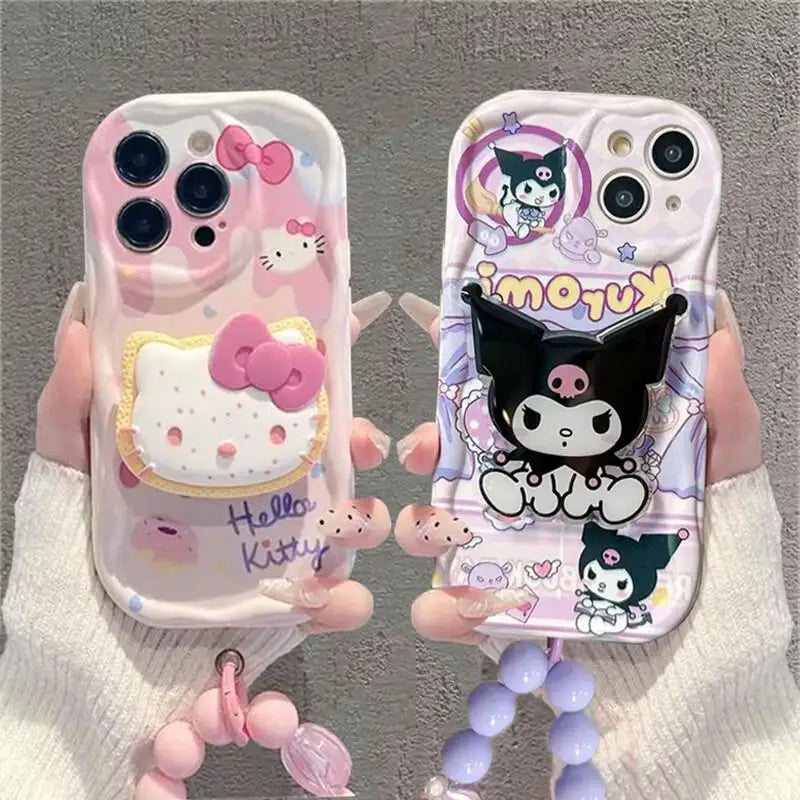 Kuromi Hello Kitty Bracket Bracelet Phone Case For iPhone 16 15 Pro Max 14 11 12 13 Mini XR 8 7 Plus X XS SE Sanrio Cute Cartoon