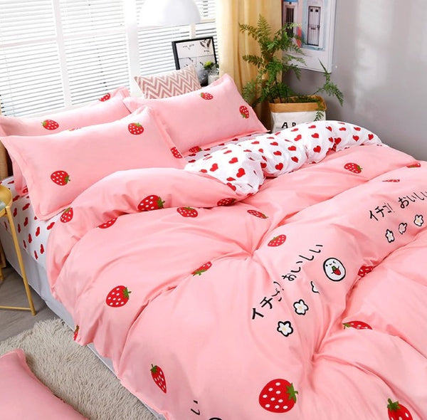Love Strawberry Pink Pattern Bedding Sets Duvet Cover Bed Sheet