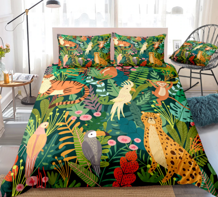 Tropical Bedding Wild Animals Plants Duvet Cover Set Parrot Monkey Pattern Palm Leaves For Kids