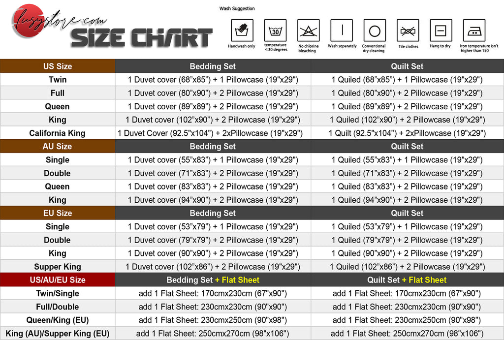 bedding size chart