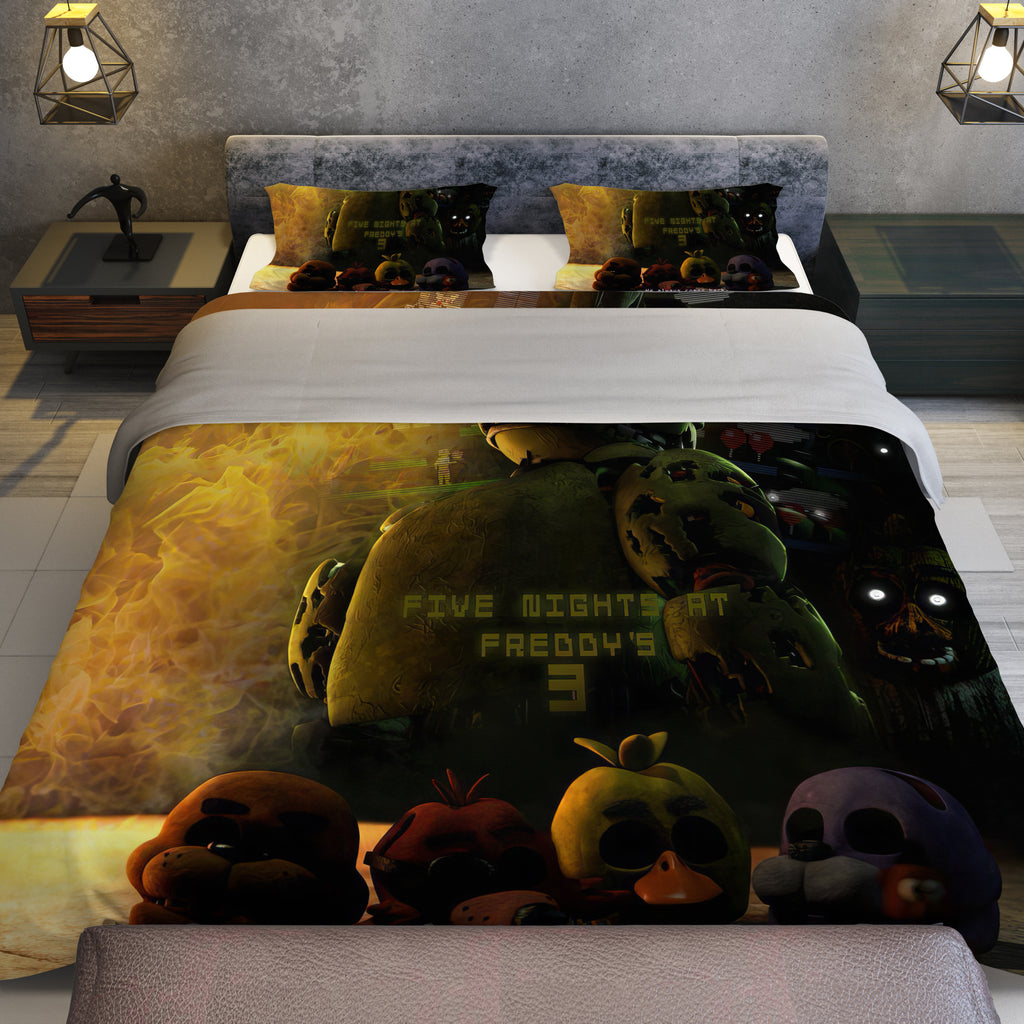 This FNaF Bedding Set features a bold and eye-catching design of Freddy Fazbear from FNaF 3. Made with comfortable and breathable materials, this quilt set is perfect for any fan of the popular game franchise. Elevate your bedroom decor while staying cozy and well-rested with this soft bedding set.