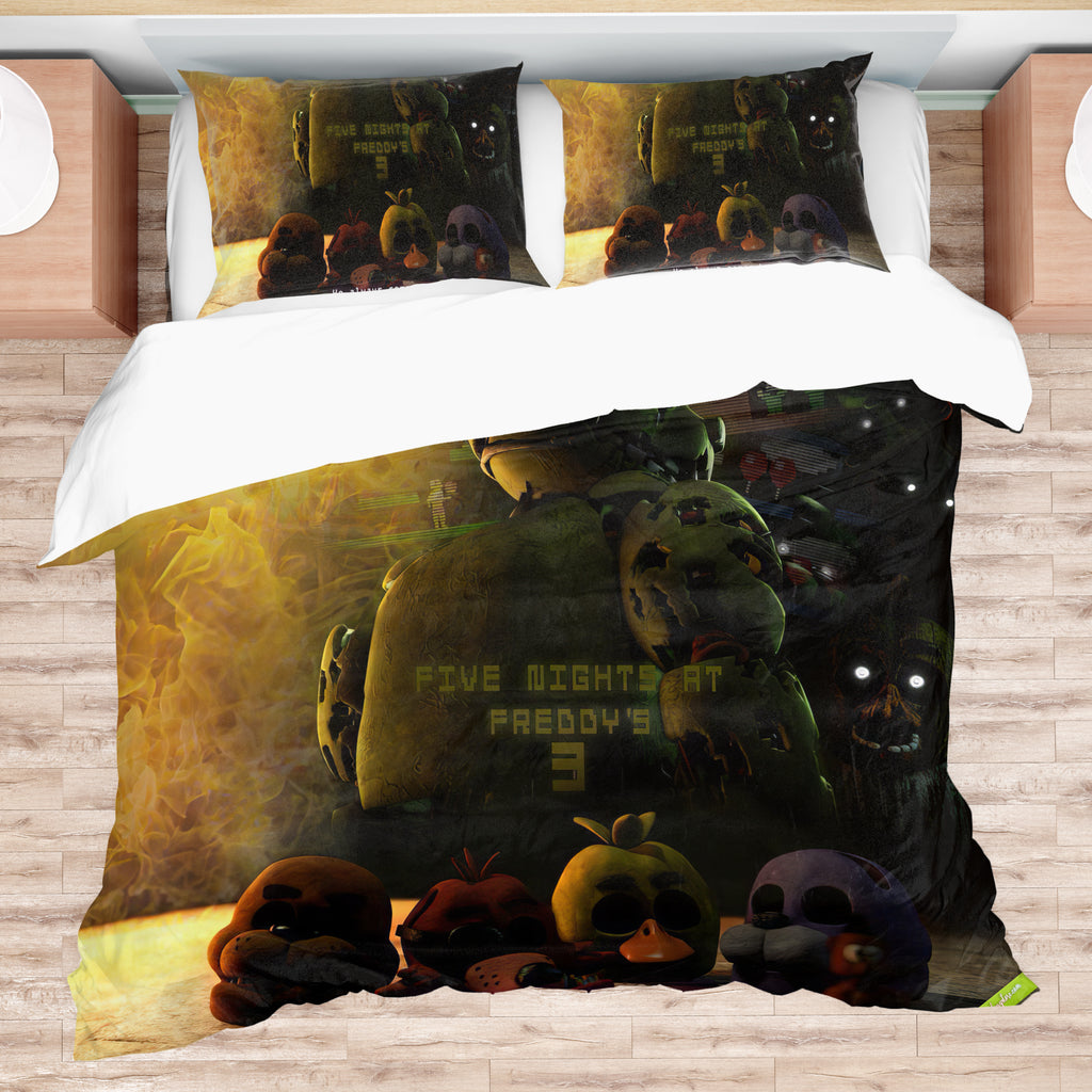 This FNaF Bedding Set features a bold and eye-catching design of Freddy Fazbear from FNaF 3. Made with comfortable and breathable materials, this quilt set is perfect for any fan of the popular game franchise. Elevate your bedroom decor while staying cozy and well-rested with this soft bedding set.
