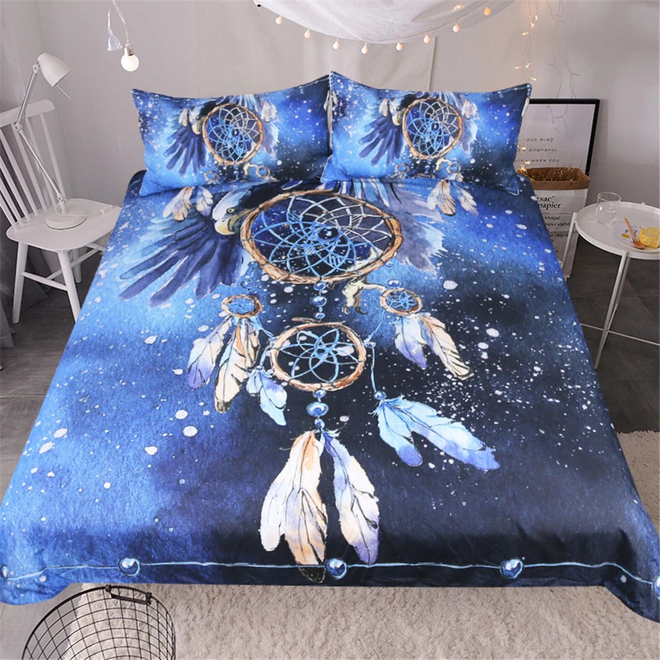 Boho Bedding Set Queen Size Feather Blue Printed Duvet Cover Bald Eagle Home Textiles
