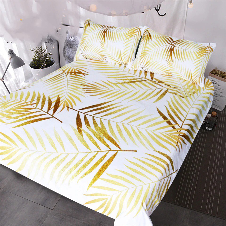 Tropical Bedding Bless Living Modern Palm Leaf Bedding Sets Floral Botanic Gold White Coastal Life