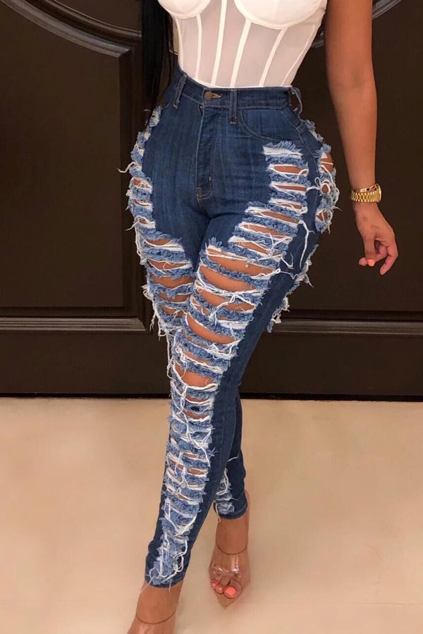 High Waist Ripped Solid Color Jeans â Modishshe