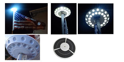 Multiple images of what the solar lights for flag poles look like from the top and bottom view