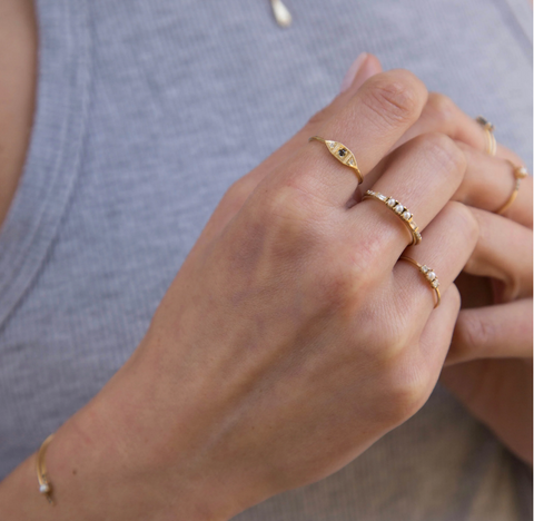Pearl and Gold Rings on model's hand