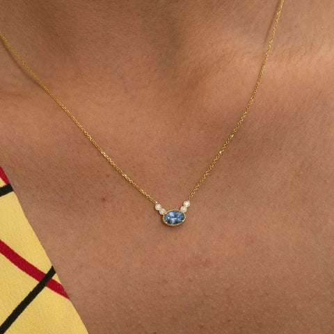 Ceylon Sapphire Diamond Dew Gold Necklace on model