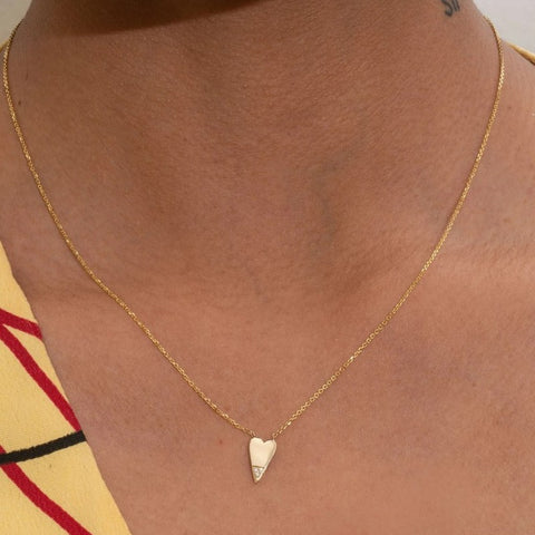 Diamond Dipped Heart Gold Necklace on model