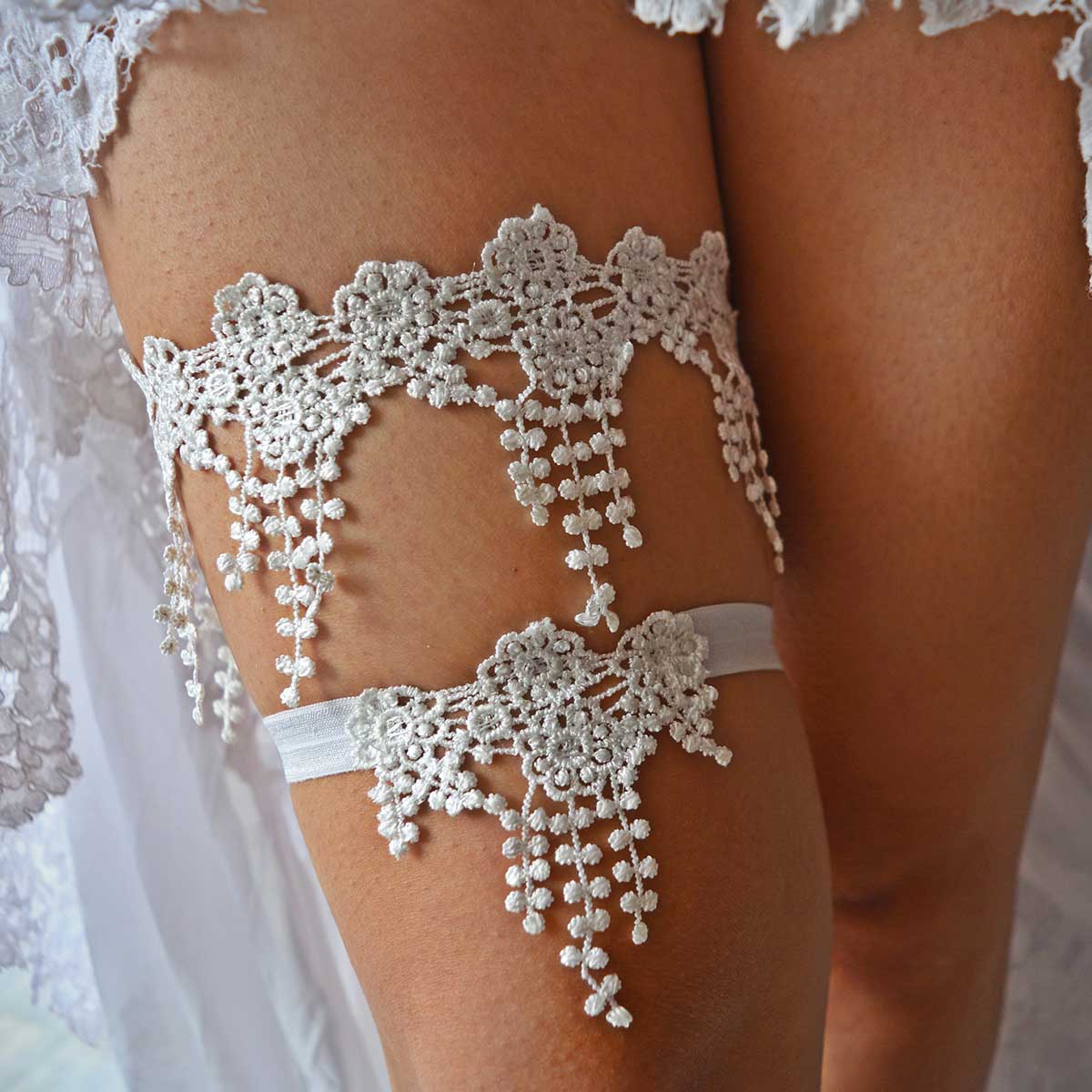 White Bridal Garter With Applique Lace Handmade - Wedding Garter - SuzannaM Designs