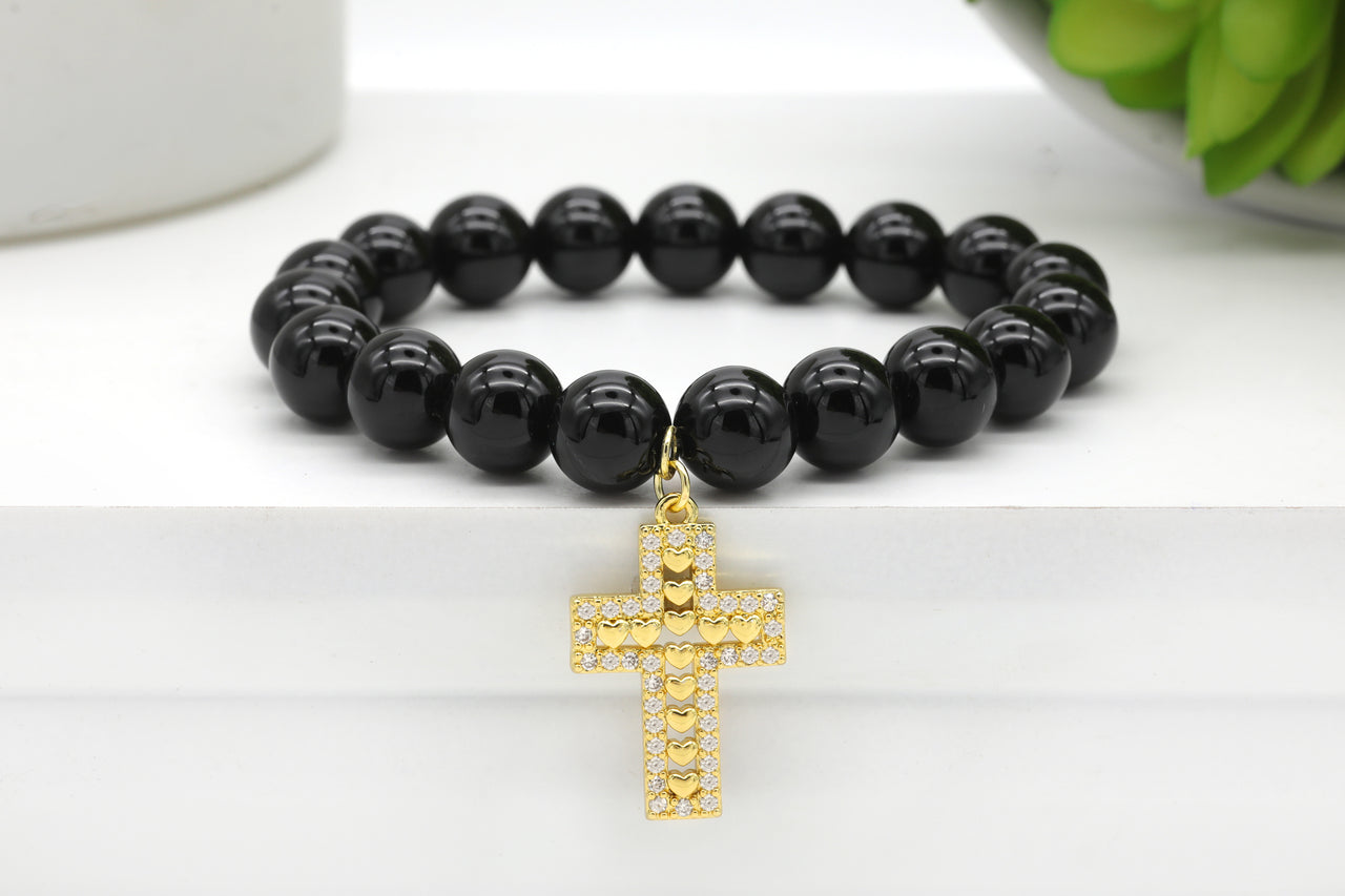 Witchy Charms - Black Beads Strand Bracelet for Men Women Rope Bracelet -  Cross Pendant Charm