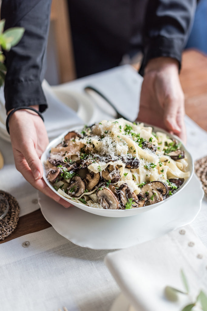 Serving idea for roasted mushroom fettucine