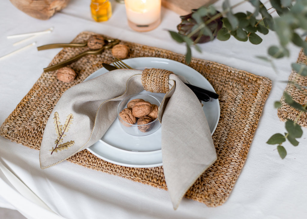 Beige linen hand embroidered napkin evergreen branch artha collections 