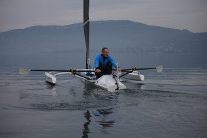 This R2AK custom designed vessel was created by Liteboat, and will be a solo effort by Mathieu Bonnier. It is designed to sail and to be propelled with a sliding seat rowing system.
