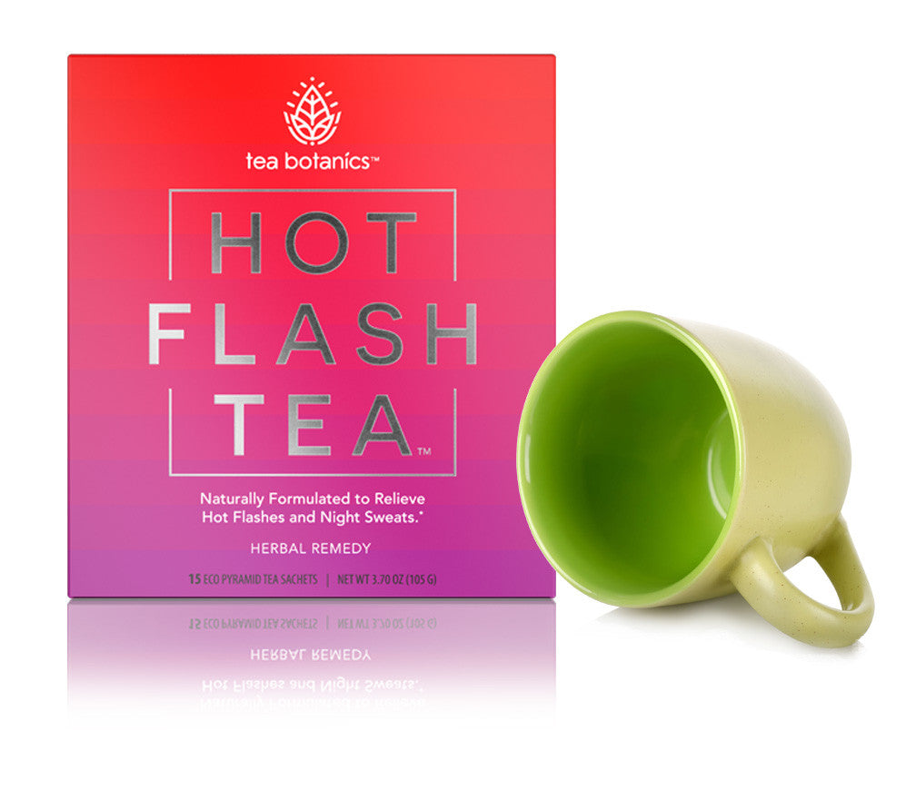 box of Hot Flash Tea and green tea cup