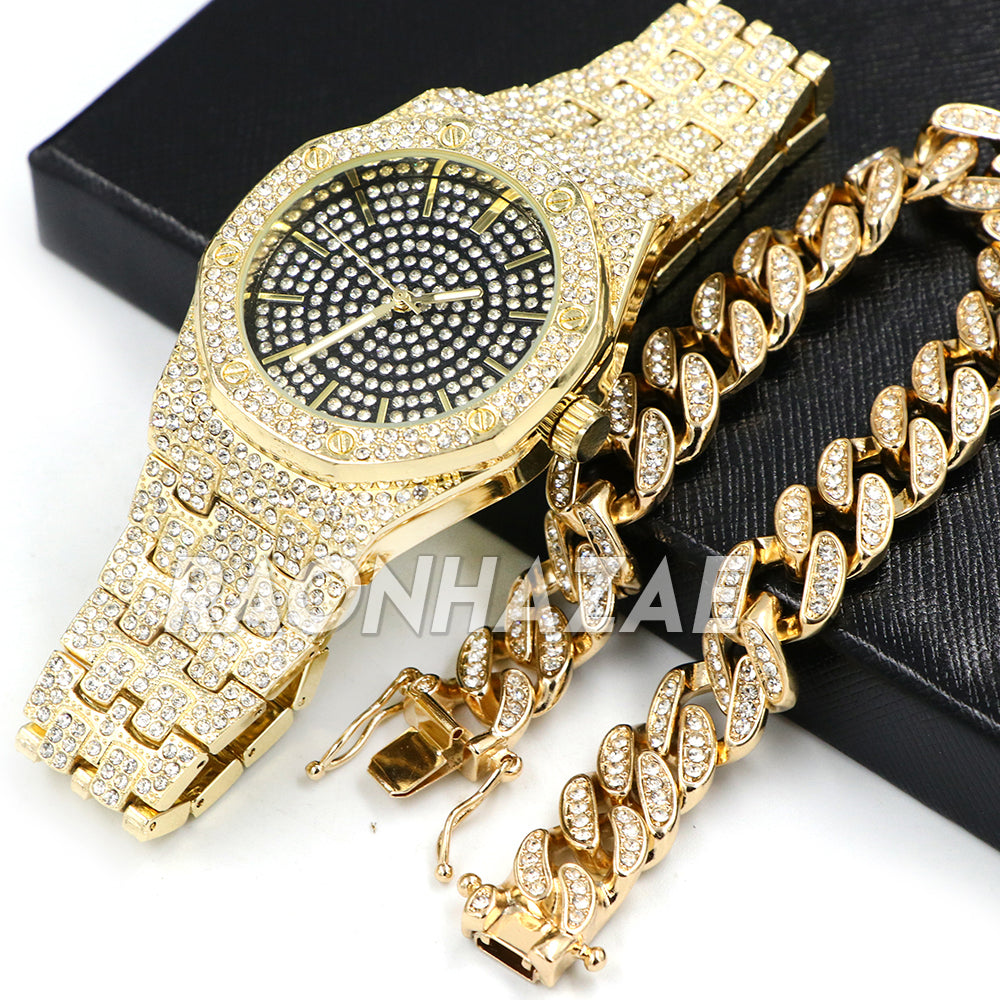 Hip Hop Iced Raonhazae Lab Diamond Drake Watch and 15mm Cuban Li