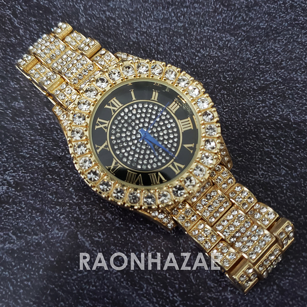 Raonhazae Hip Hop Iced Lab Diamond Drake 14K Gold Plated Watch with 12mm Cuban Link Bracelet Set