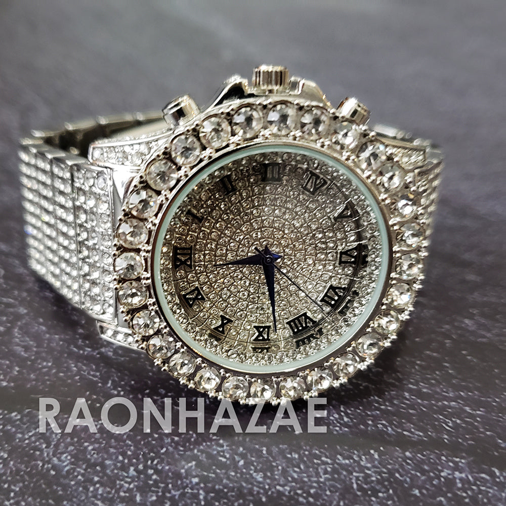 Silver Raonhazae Hip Hop Iced Lab Diamond OVIO DRAKE 14K White Gold Plated Watch with 12mm Cuban Lin