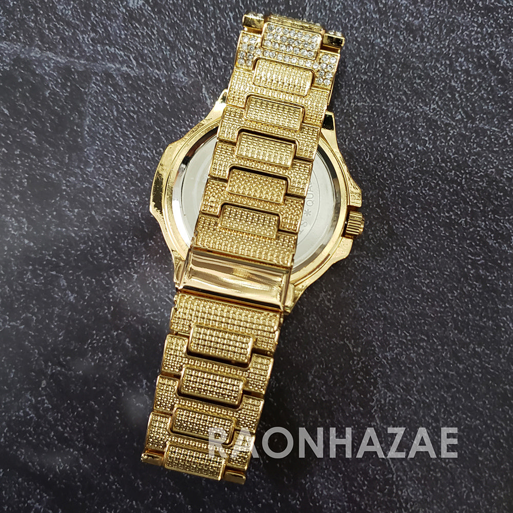 Raonhazae Hip Hop Iced Lab Diamond Drizzy Drake Blue Face 14K Gold Plated Watch with 12mm Cuban Link