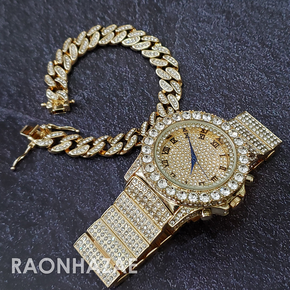 Raonhazae Hip Hop Iced Lab Diamond Drizzy Drake 14K Gold Plated Watch with 12mm Cuban Link Bracelet 