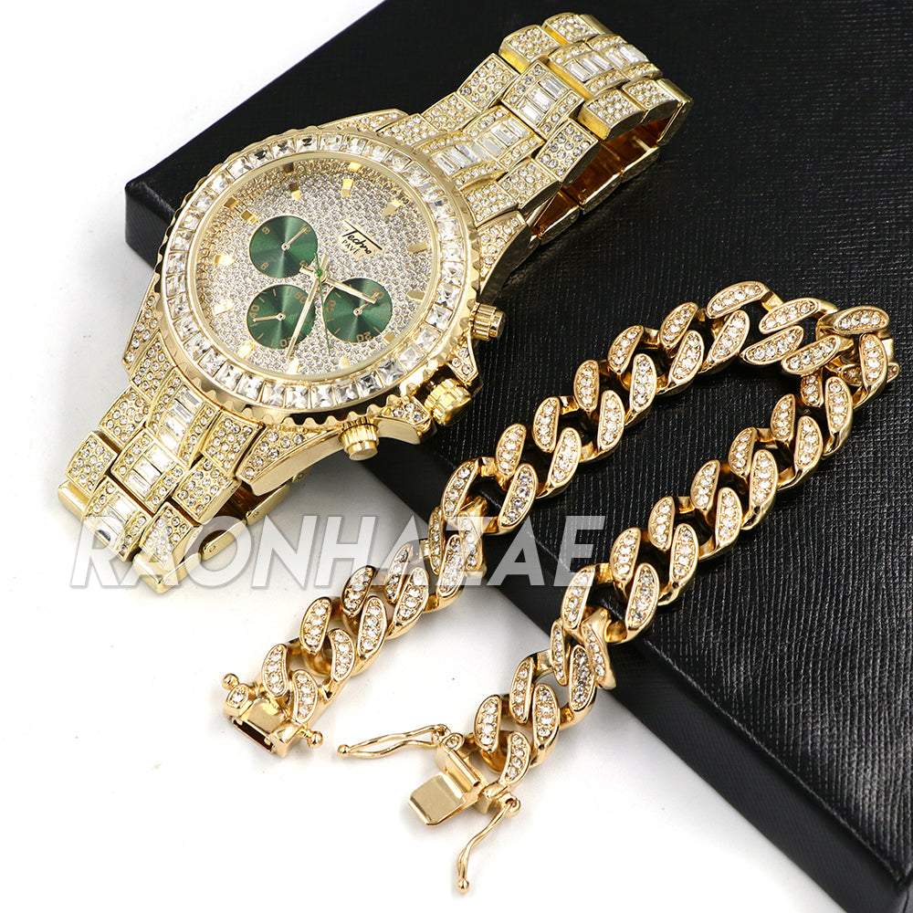 Hip Hop Iced Raonhazae Lab Diamond Drake Watch and 12mm Cuban Li