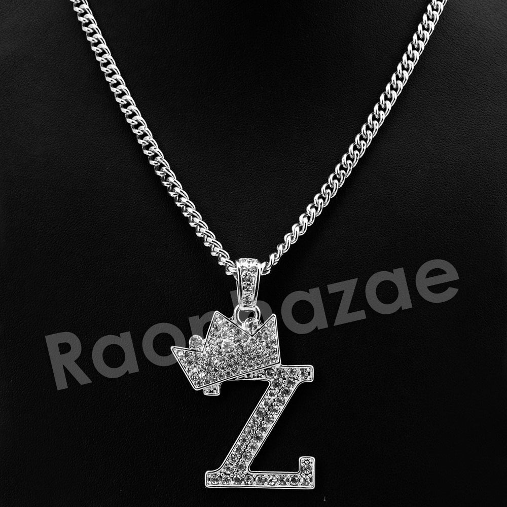 King Crown Z Initial Pendant Necklace Set. (Silver)