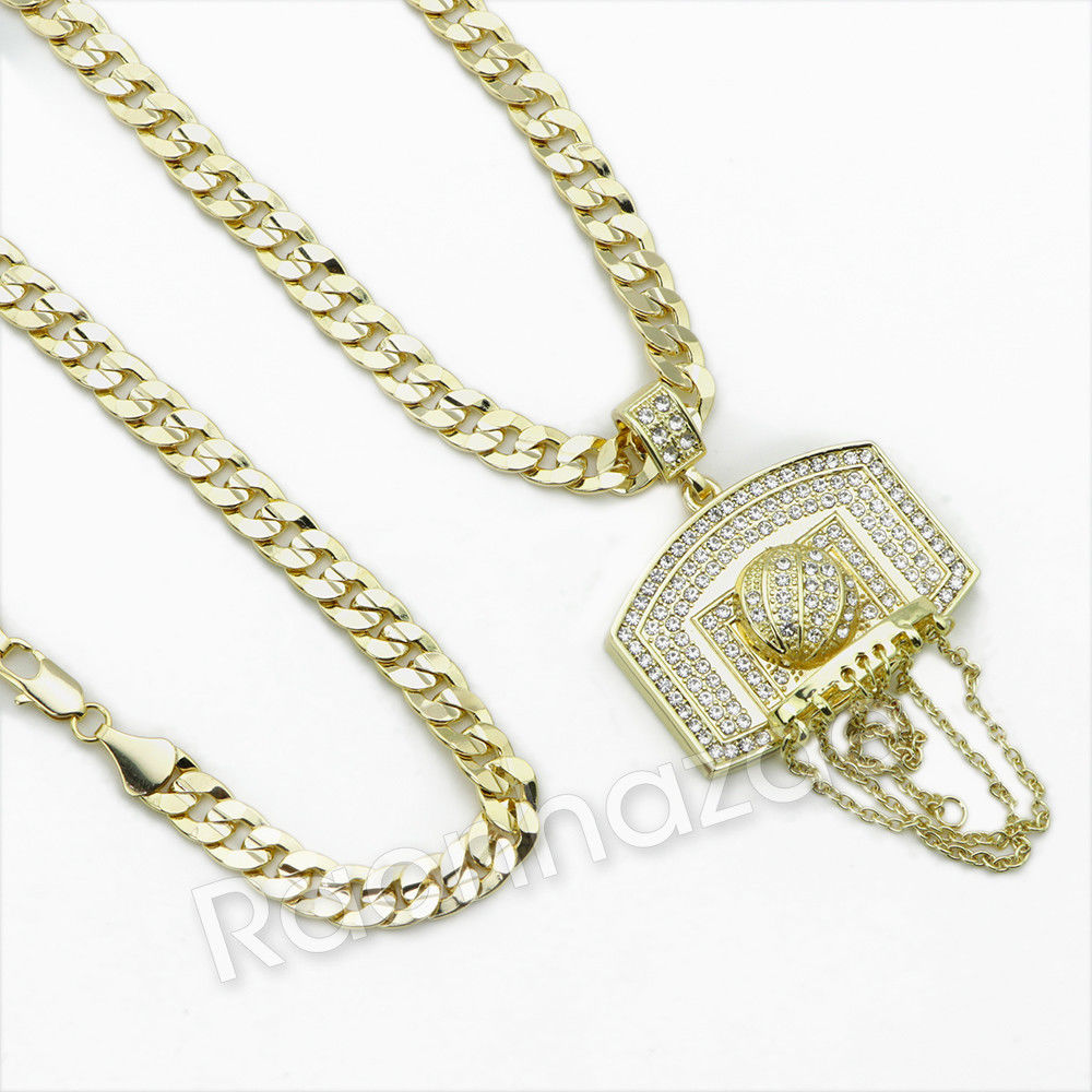 BASKETBALL BACKBOARD DIAMOND CUT 24" 30" 36" CUBAN CHAIN NECKLACE G78