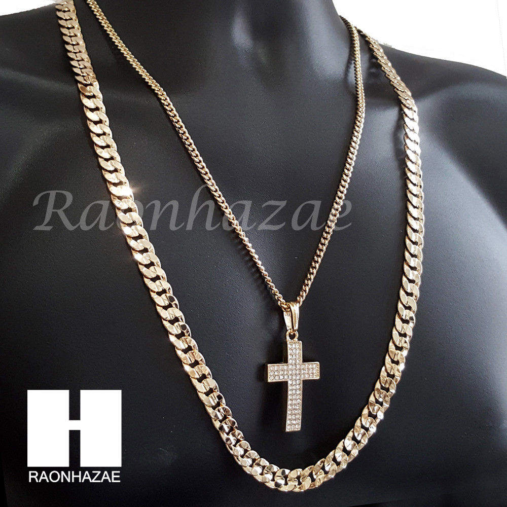 MEN CROSS CUBAN CHAIN DIAMOND CUT 30" CUBAN LINK CHAIN NECKLACE S065