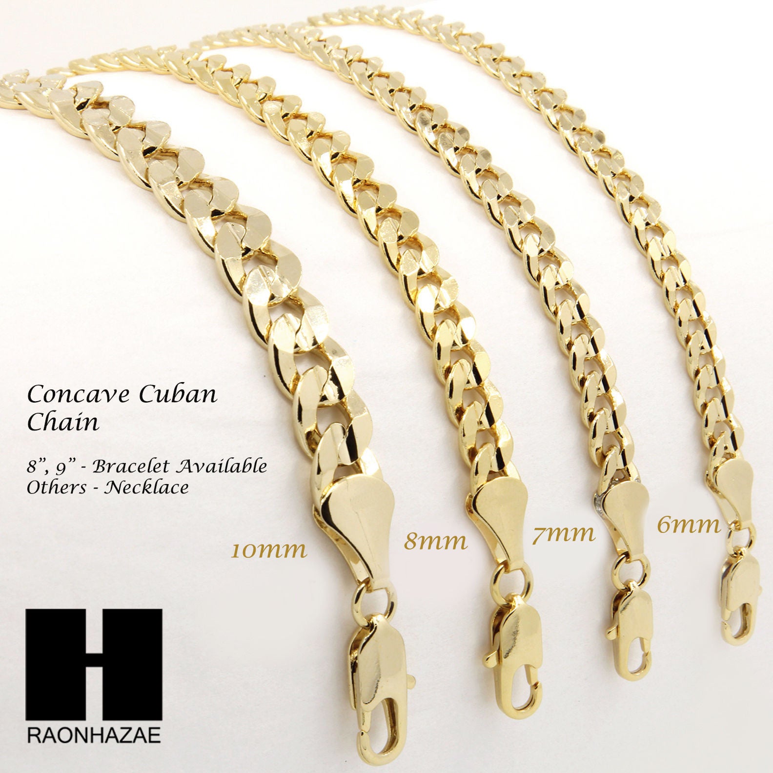 14K GOLD PLATED CONCAVE CUBAN NECKLACE CHAIN (6-10mm) w/ (8"/9"/24"/30"/36"