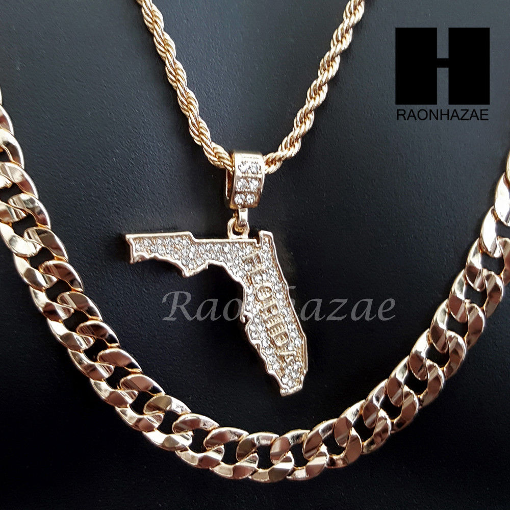 MEN FLORIDA STATE MAP US PENDANT 30" CUBAN LINK CHAIN NECKL