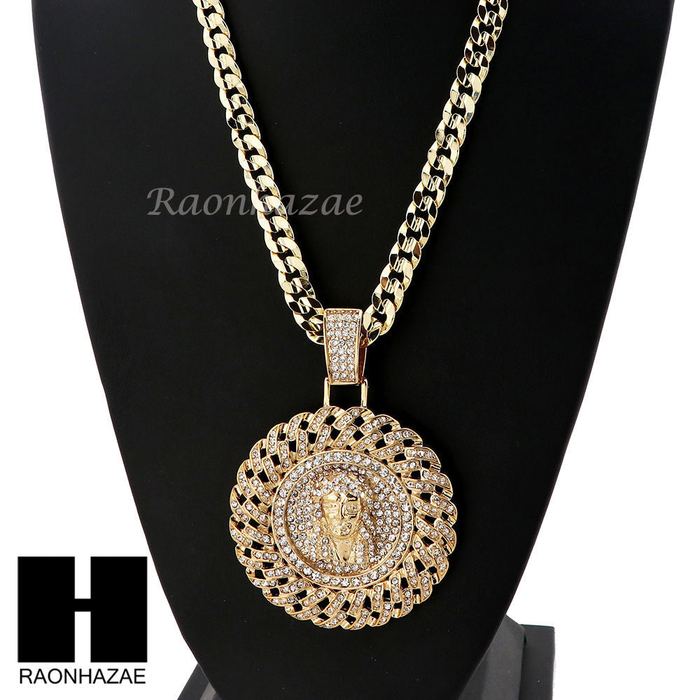 L JESUS FACE ROUND PENDANT & DIAMOND CUT CUBAN LINK CHAIN NECKLACE NN55