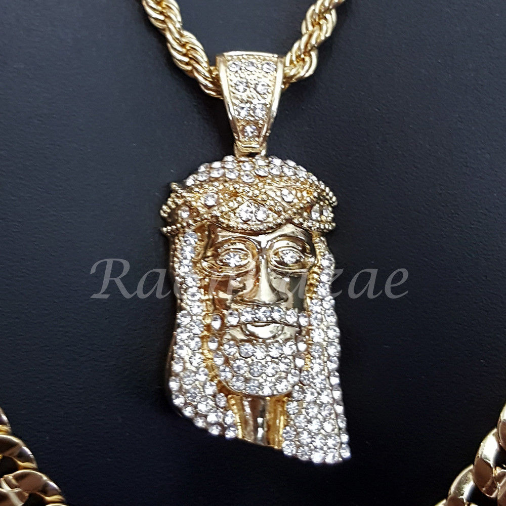 JESUS FACE ROPE CHAIN DIAMOND CUT 30" CUBAN CHAIN NECKLACE SET G20