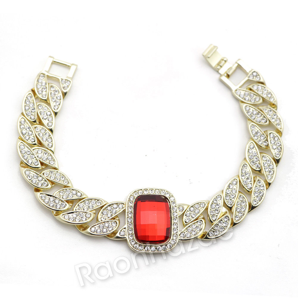 Hip Hop 14K Gold Simulated Diamond Watch Ruby Cuban Chain Bling Bracelet Set F47