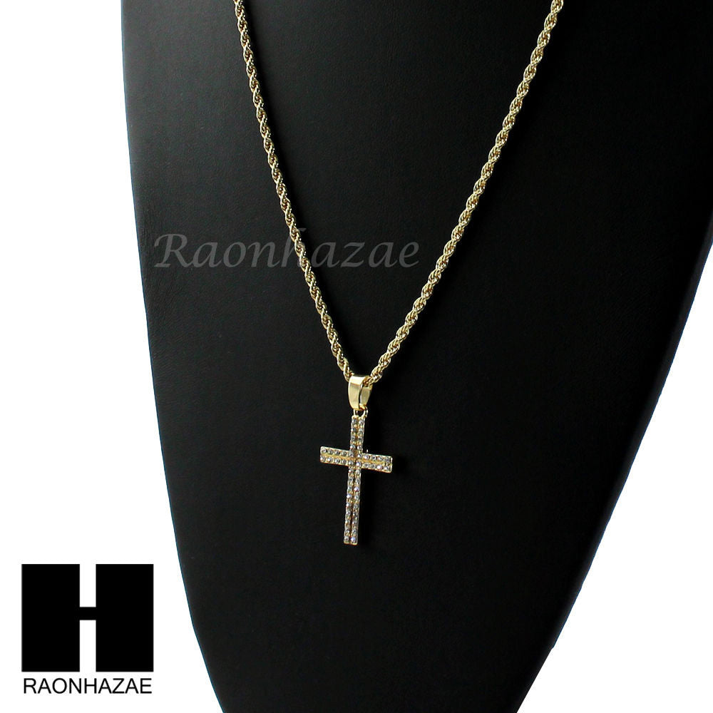 MENS GOLD SILVER MINI CROSS CZ PENDANT 