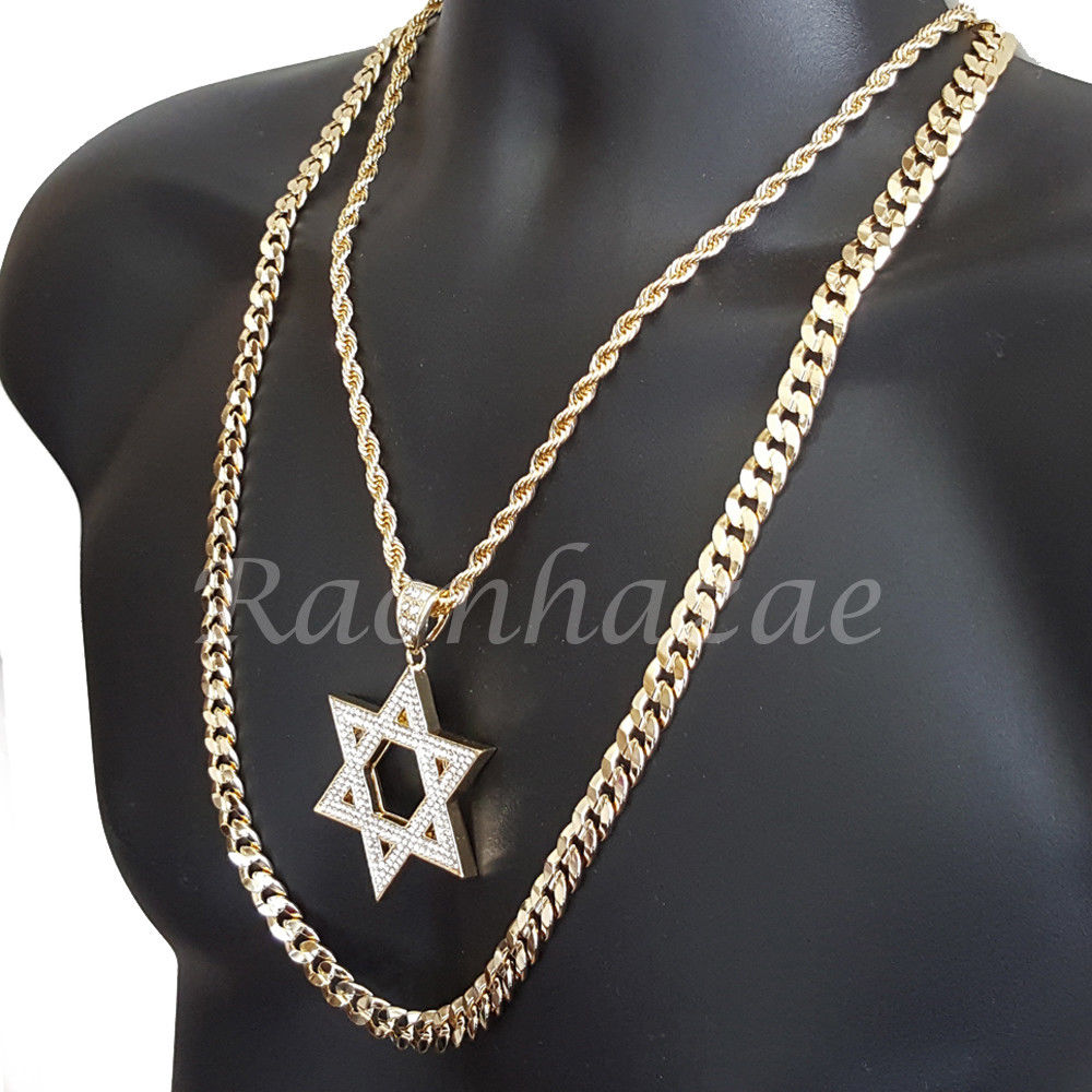 BLING DAVID STAR ROPE CHAIN DIAMOND CUT 30" CUBAN CHAIN NEC