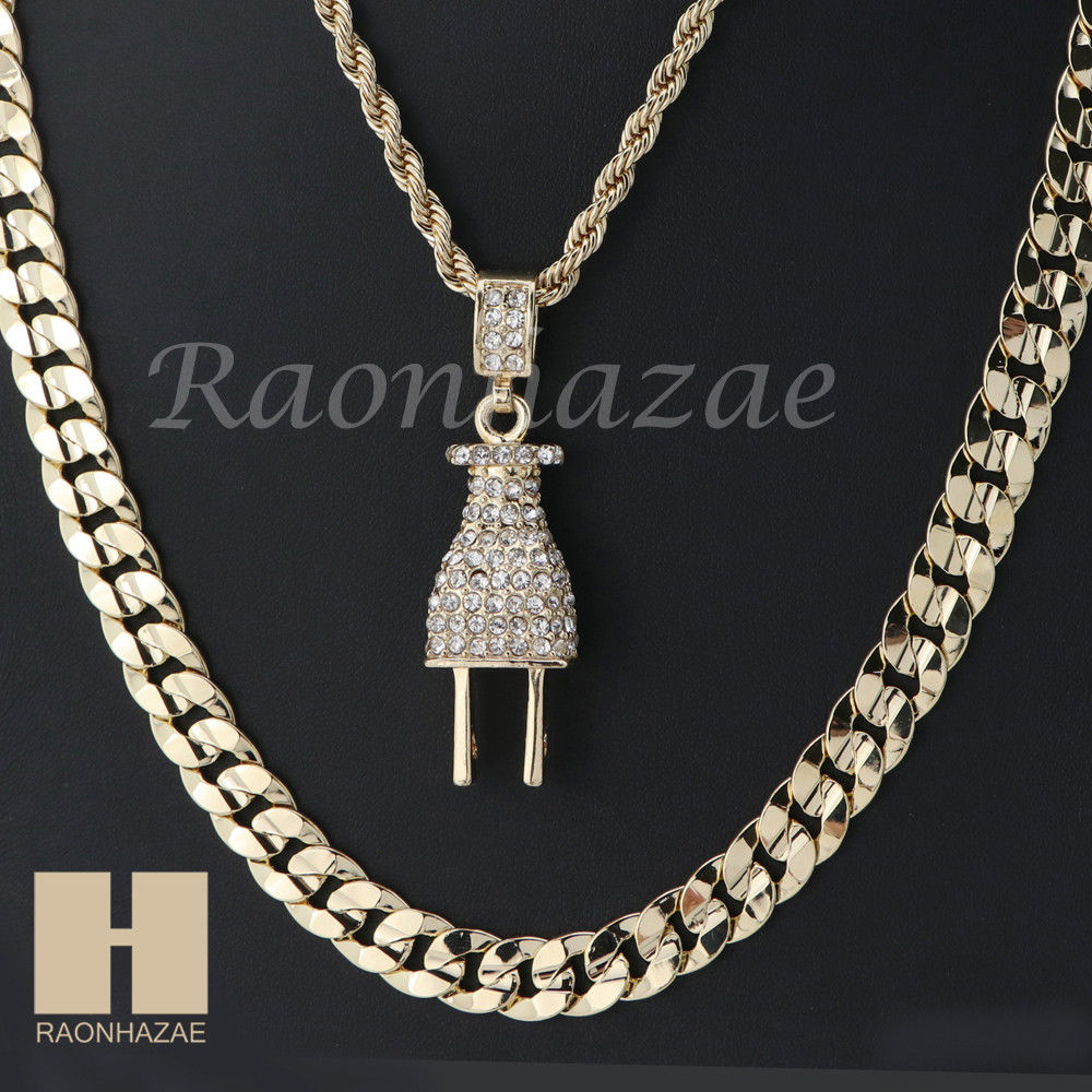 MEN PLUG ROPE CHAIN DIAMOND CUT 30" CUBAN LINK CHAIN NECKLACE SET SS02G