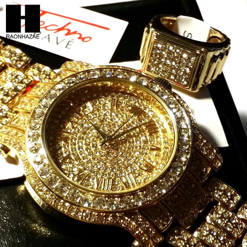 HIP HOP RAPPER GOLD FINISHED SIMULATED DIAMOND WATCH RING SET01G