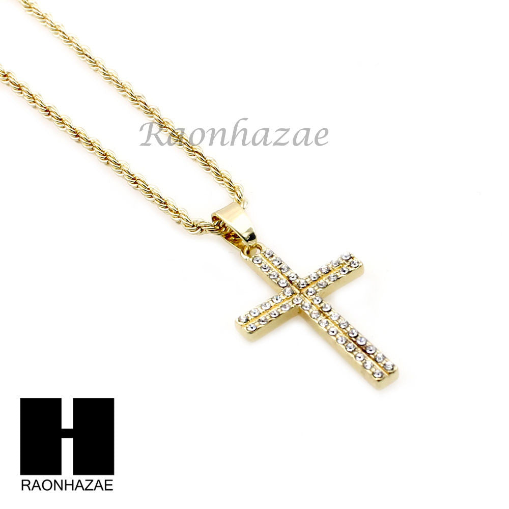 MENS GOLD SILVER MINI CROSS CZ PENDANT 24" ROPE CHAIN NECKL