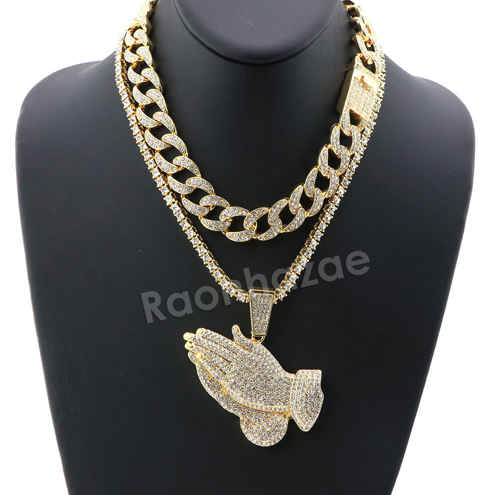 Hip Hop Quavo PRAYING HANDS Miami Cuban Choker Tennis Chain Necklace L03