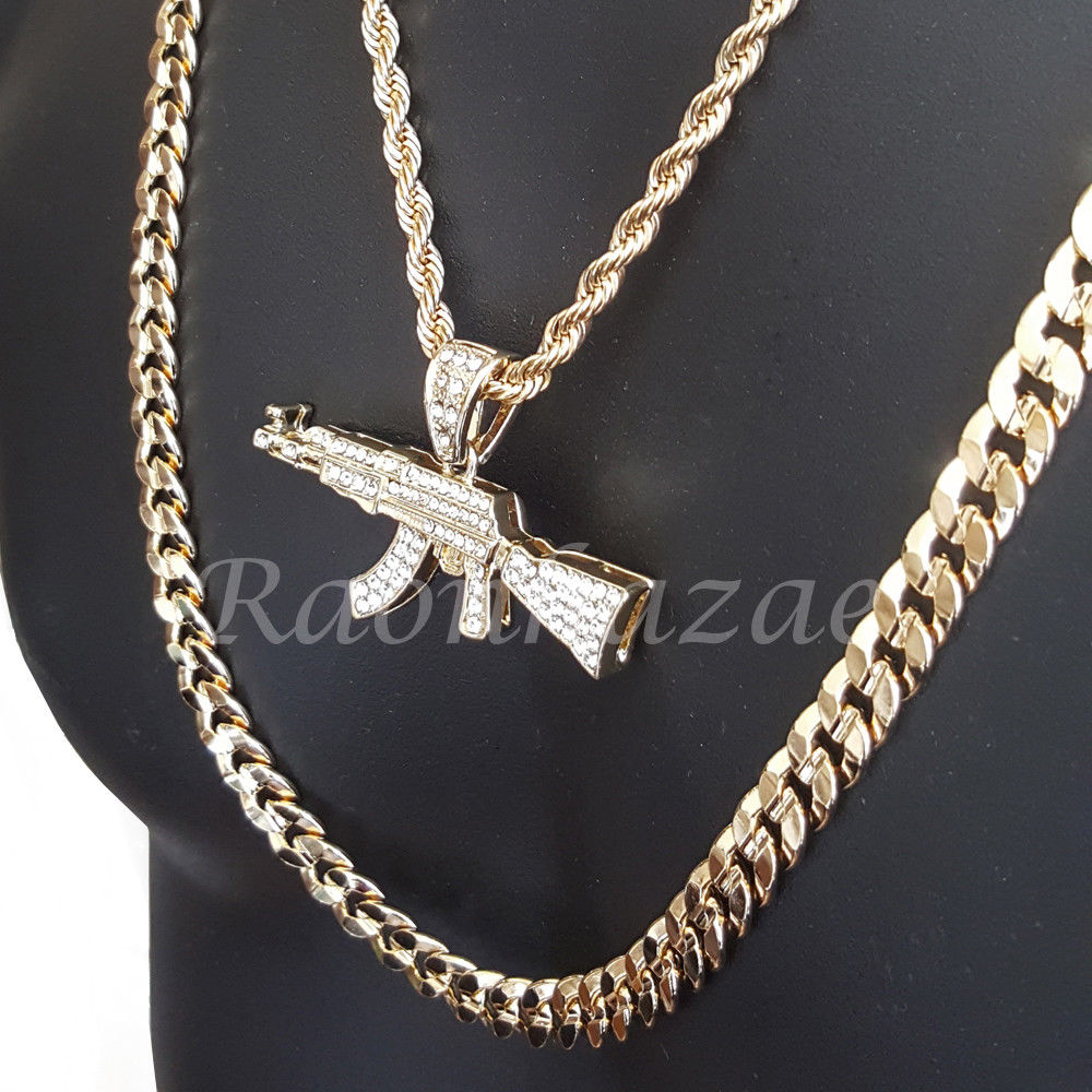 MENS AK47 CHARM ROPE CHAIN DIAMOND CUT 30" CUBAN CHAIN NECKLACE SET G33