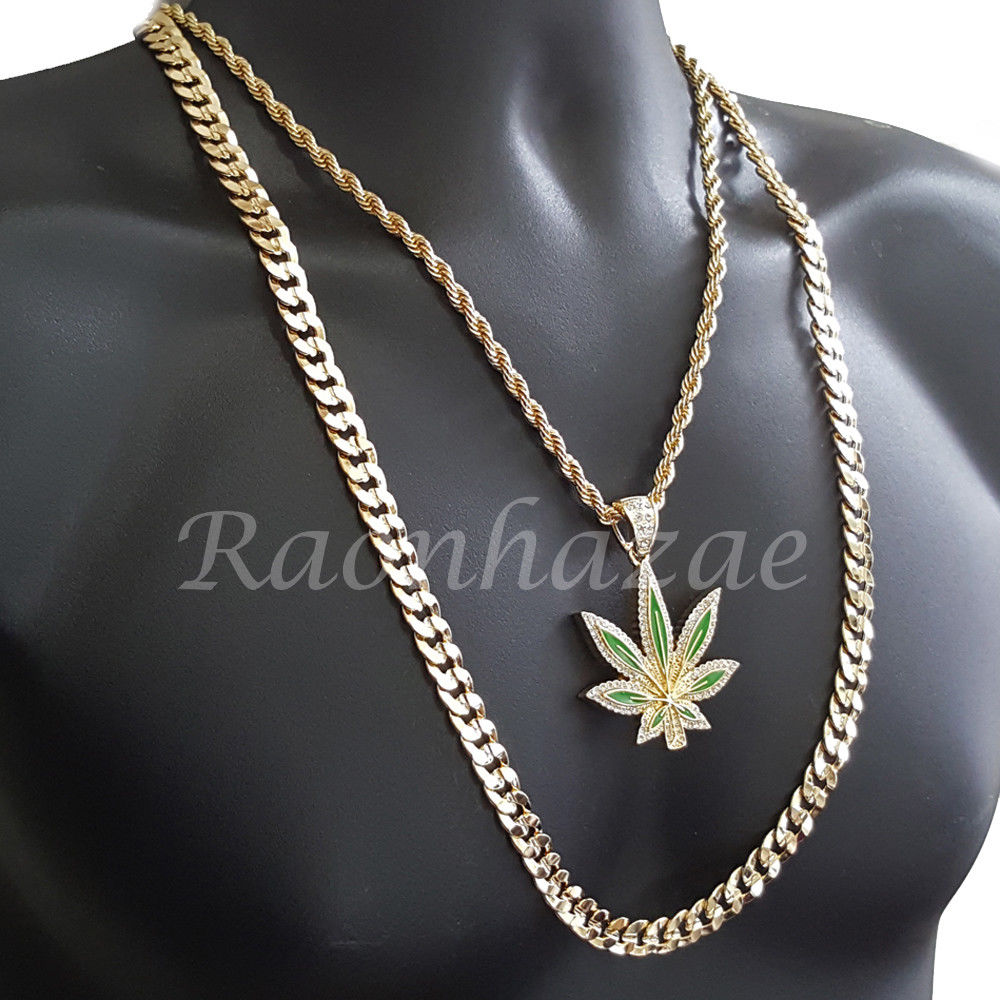 MARIJUANA CHARM ROPE CHAIN DIAMOND CUT 30" CUBAN CHAIN NECKLACE SET G35