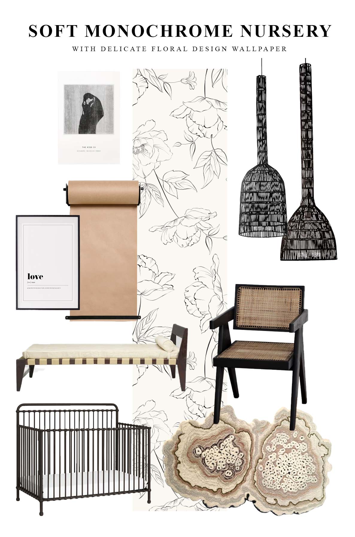 Soft minimal and monochrome nursery interior mood board