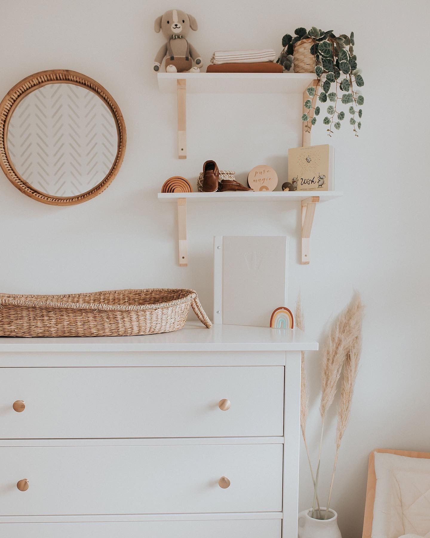 Cute neutral nursery decors featuring herringbone removable wallpaper