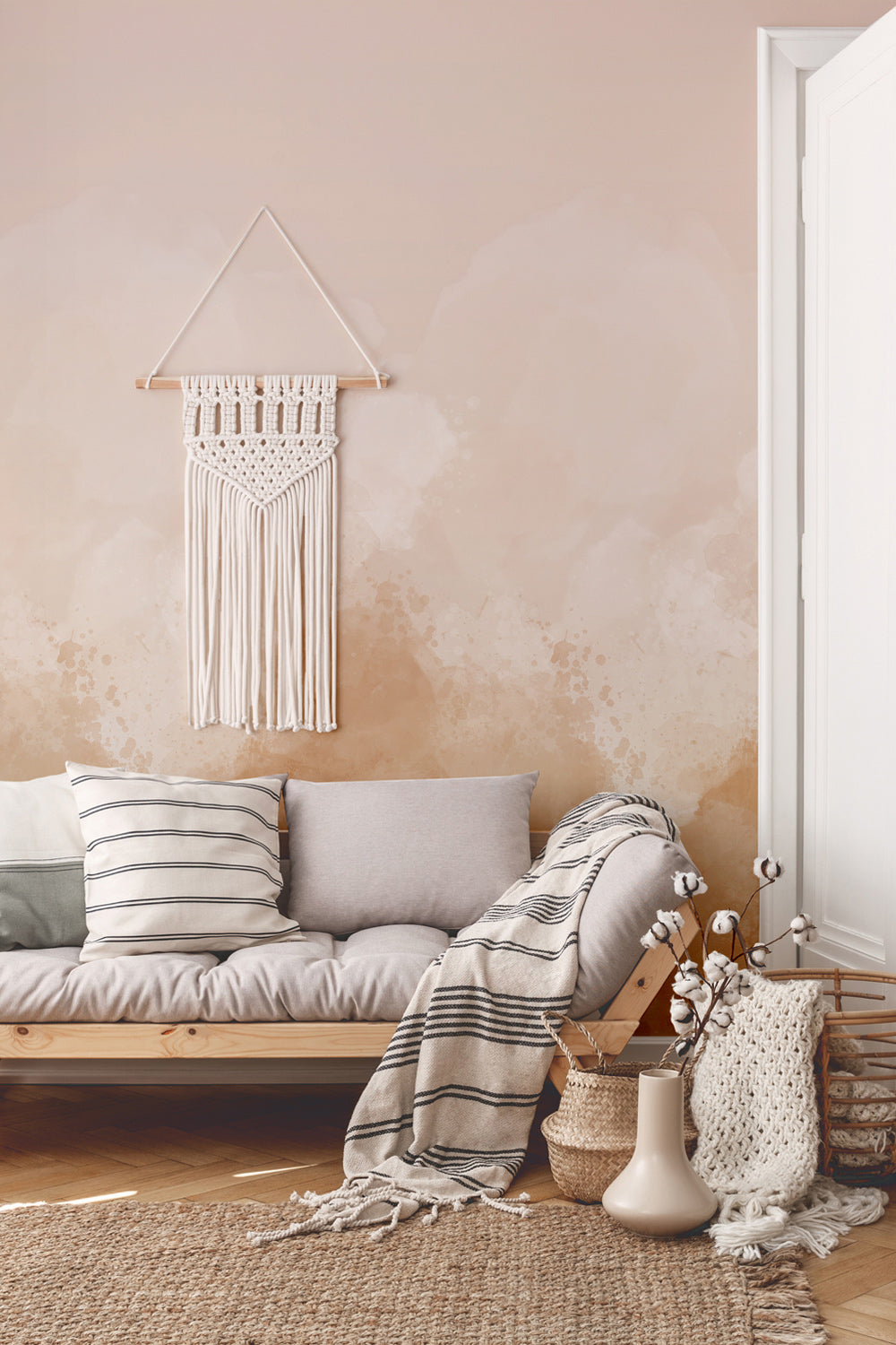 beige wall mural living room interior