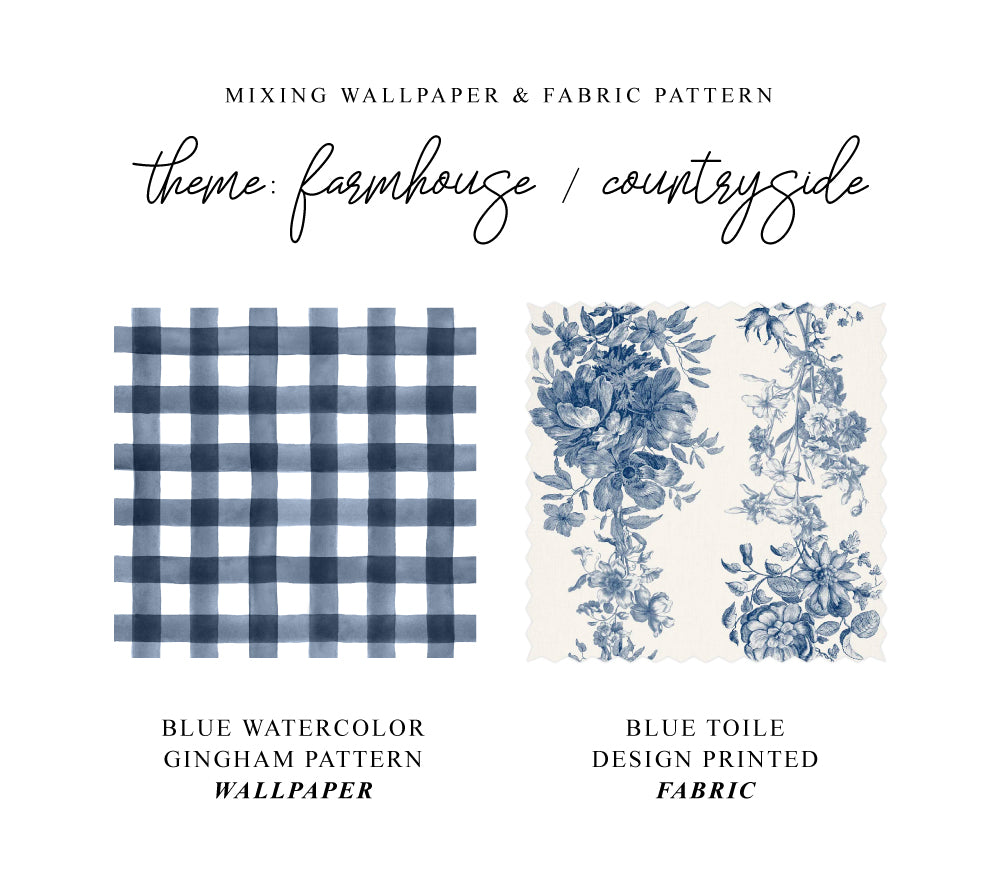 Blue Watercolor Gingham Wallpaper And Blue Toile Printed Fabric Farmhouse Pattern Mixing