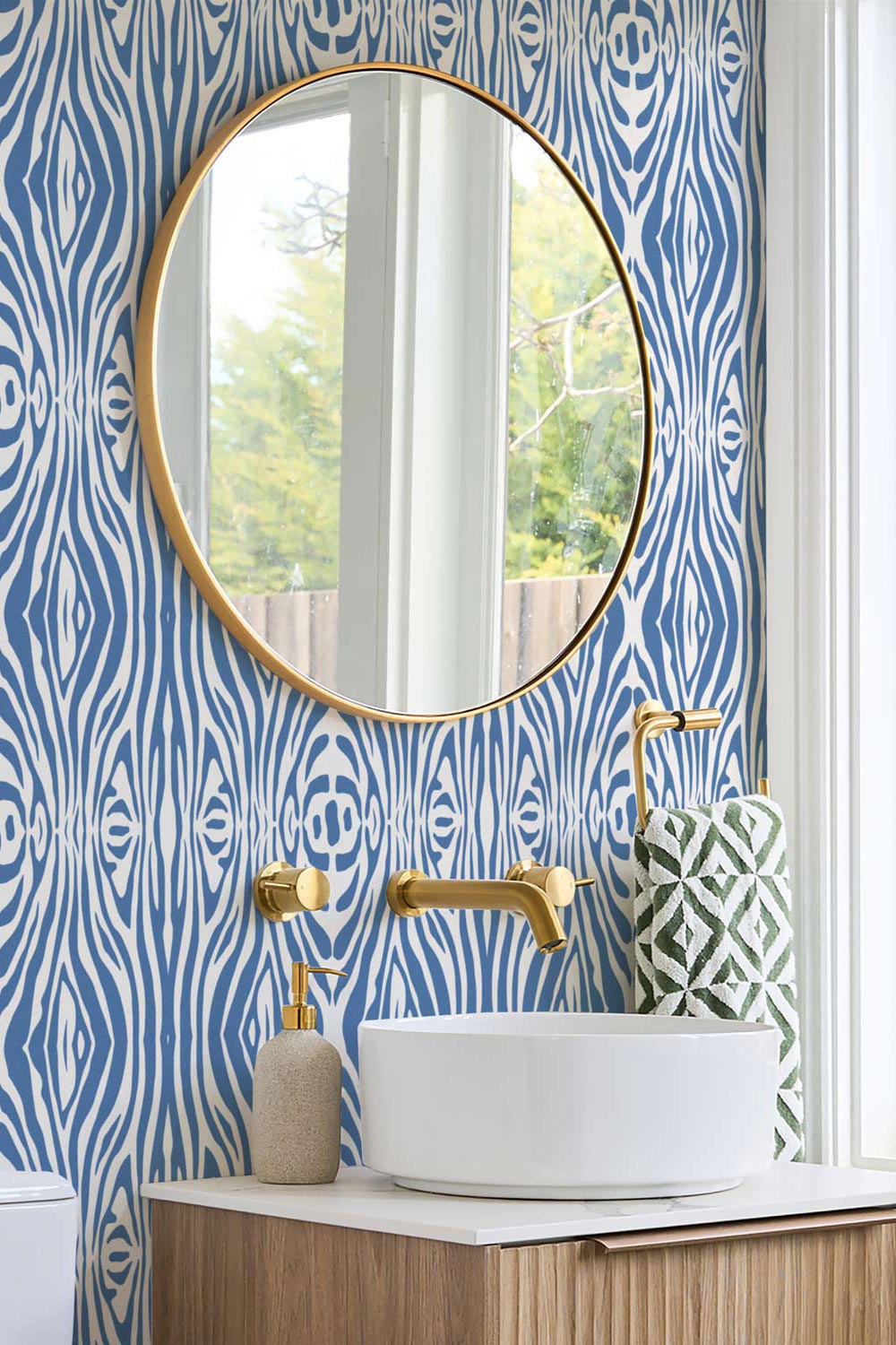Blue Contemporary Tiger Print Wallpaper Bathroom Interior