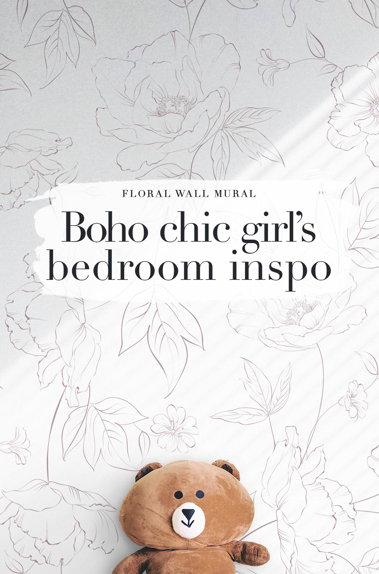 Minimal bohemian baby girl's nursery interior with floral pink removable wallpaper