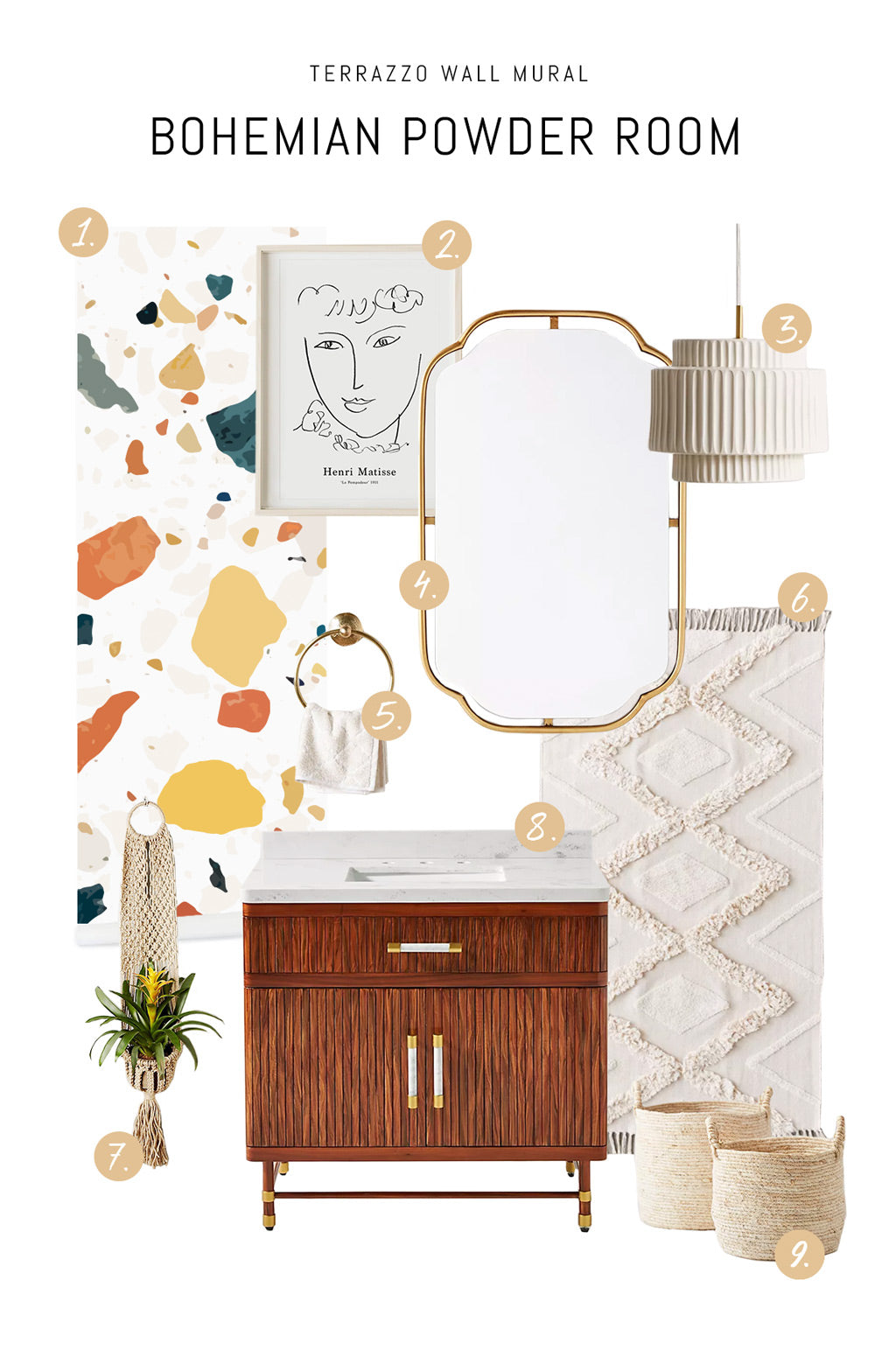 Boho Chic Powder Room Interior With Terrazzo Tile Removable Wallpaper
