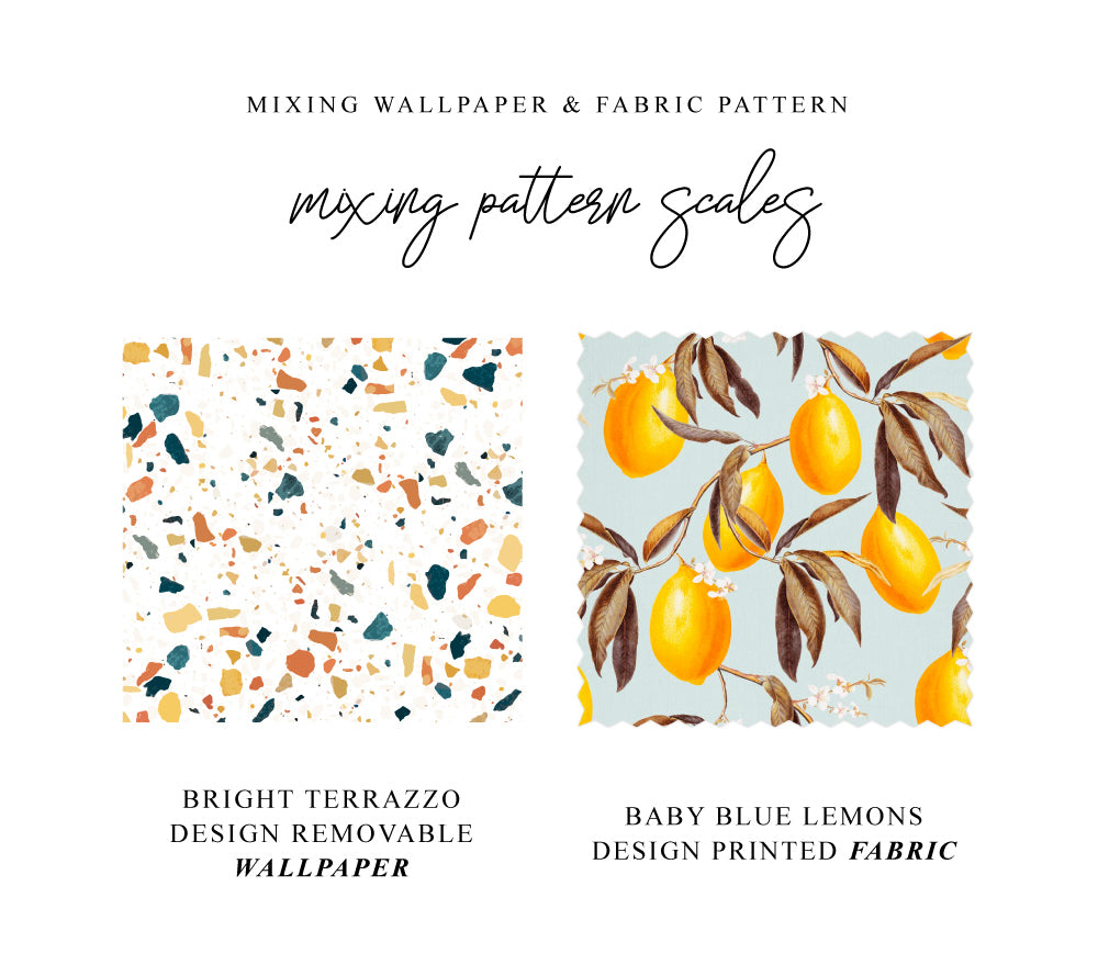 Bright Terrazzo Design Wallpaper And Baby Blue Lemons Printed Fabric