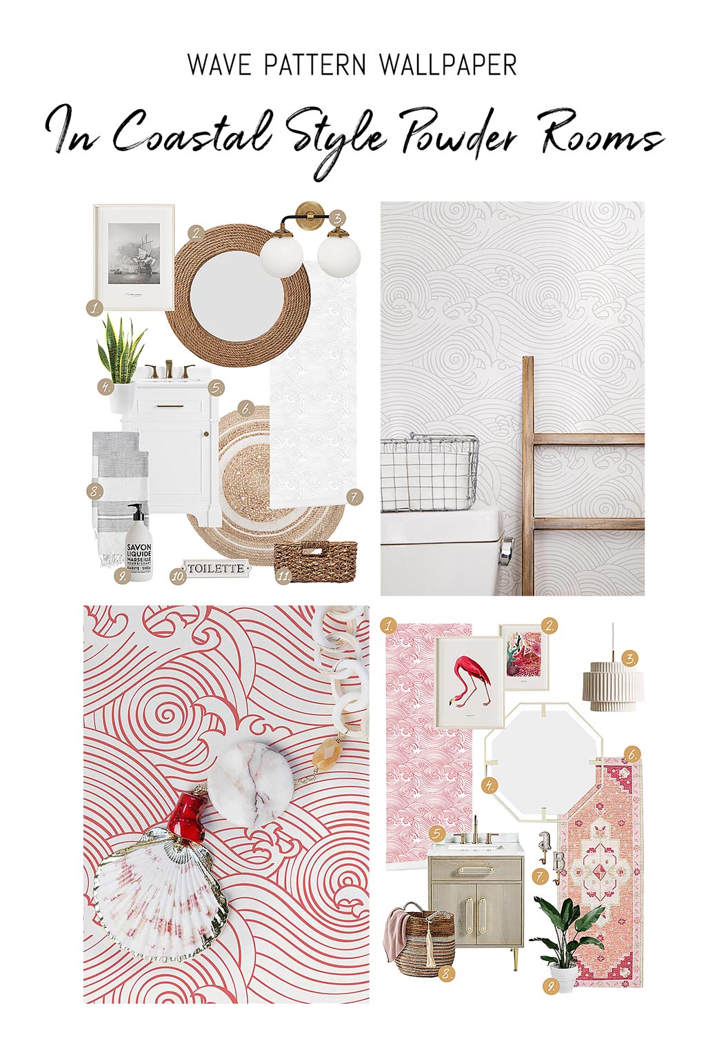 Modern eclectic style coastal powder room interior inspiration mood board with wave pattern removable wallpaper